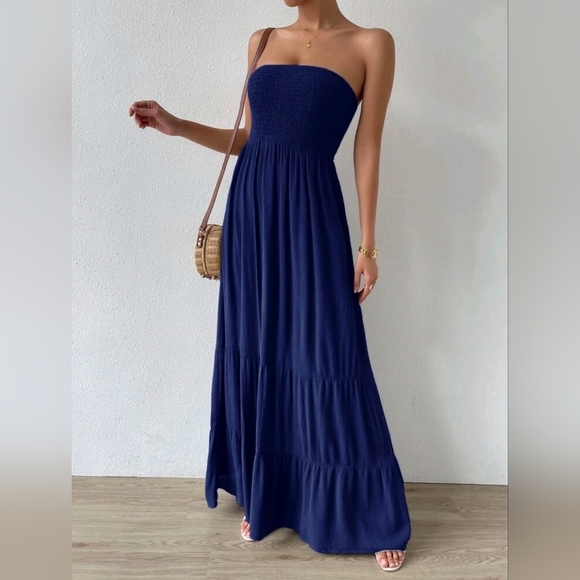 Dresses & Skirts - New Chic Smocked Tube Top Tiered Maxi Dress Ruffle Long Dark Blue